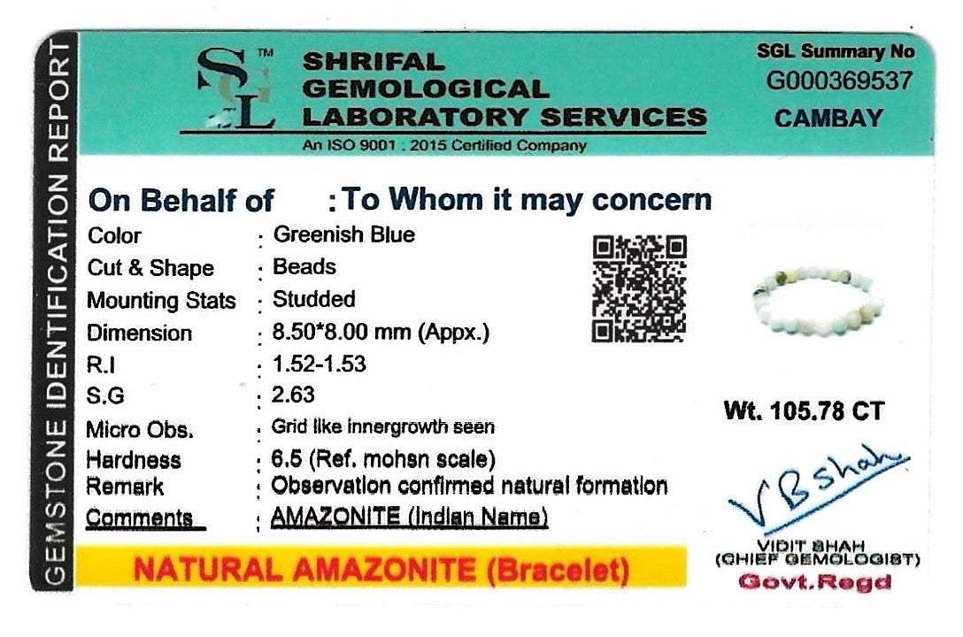 Natural Amazonite Bracelet - 8mm (With Certificate)