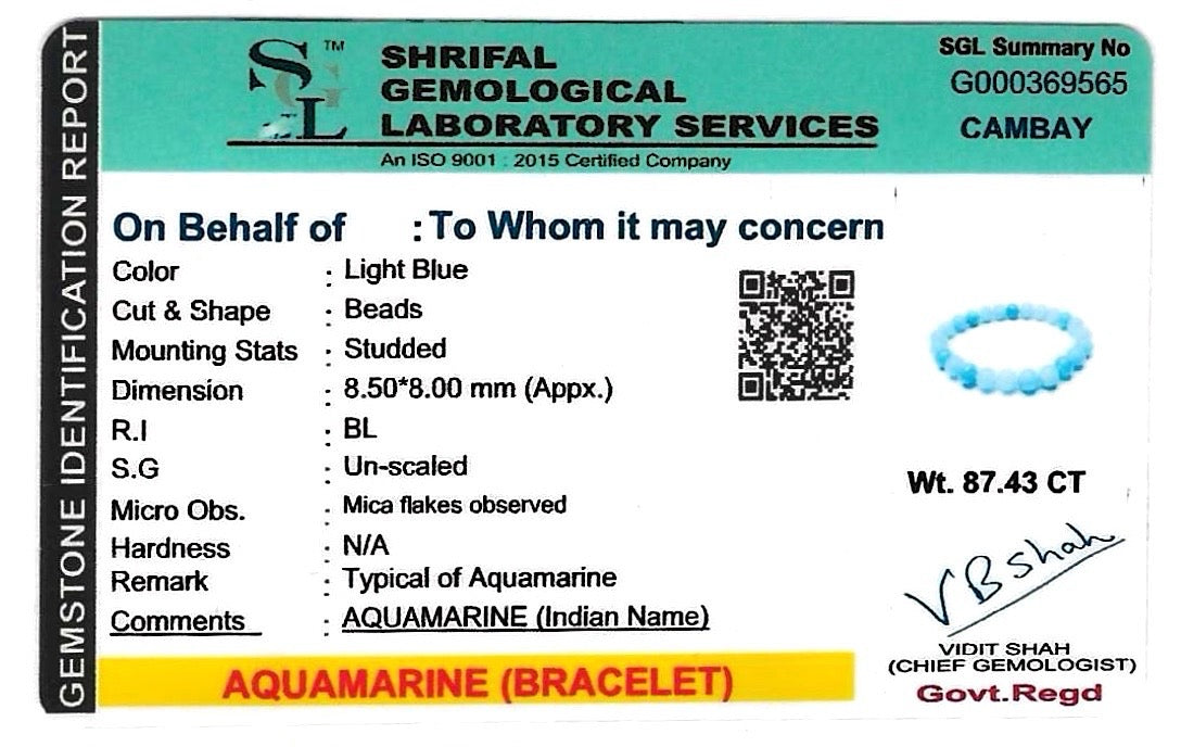 Natural Aquamarine Bracelet - 8mm (With Certificate)