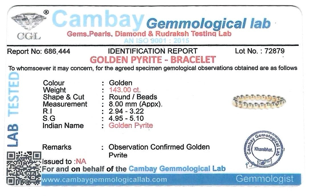 Natural Golden Pyrite Bracelet - 8mm (With Certificate)