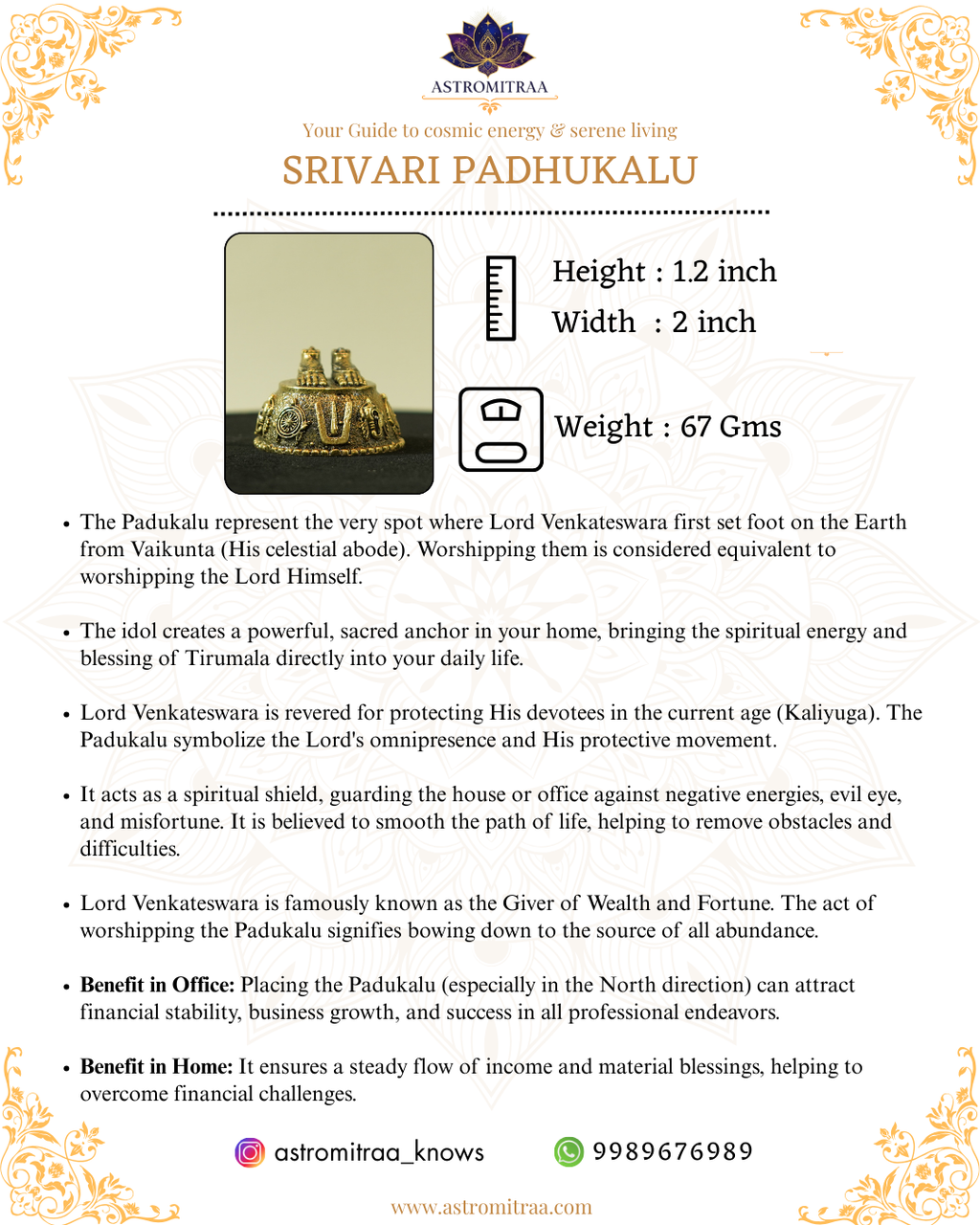 Srivari Padhalu Vaishnava Symbols Yellow Brass (1.8 Inches)